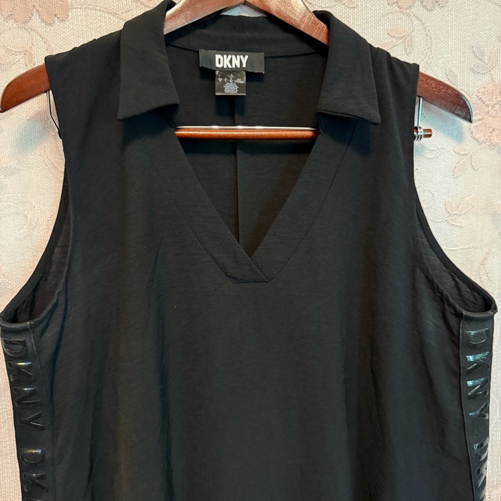 DKNY Black Vneck Dress With BLACK Logo Side Tape Size Large